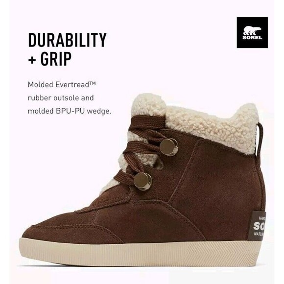 NWT Sorel Out and About Cozy Sherpa Wedge Bootie Women 8.5 Brown Waterproof - Picture 1 of 12